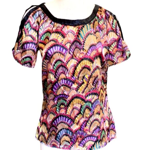 Velvet Heart Colorful Silky Slit Shoulder Short Sleeve Top Sz S #10A - Picture 1 of 10